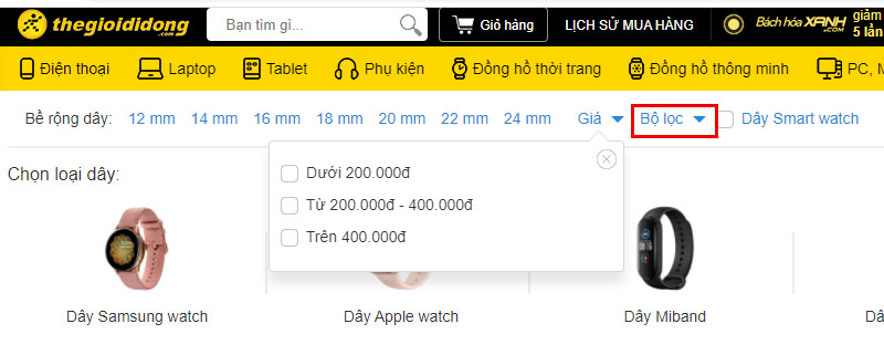 Nhấn vào bộ lọc